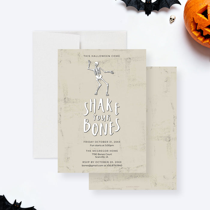 Halloween invitation featuring a dancing skeleton, the phrase "Shake Your Bones," and event details-front-back