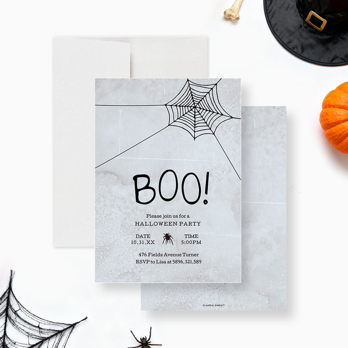 Halloween party invitation with spooky spider web design, gray textured background, spider illustration, and playful BOO lettering-front-back