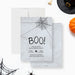 Halloween party invitation with spooky spider web design, gray textured background, spider illustration, and playful BOO lettering-front-back
