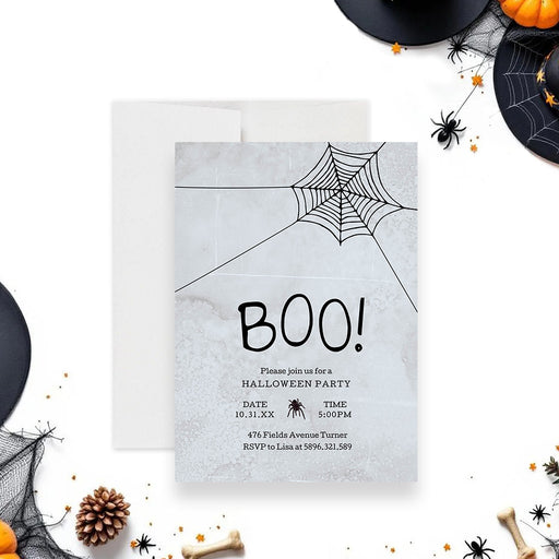 Halloween party invitation with spooky spider web design, gray textured background, spider illustration, and playful BOO lettering-front