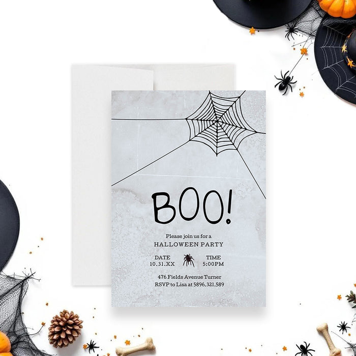 Halloween party invitation with spooky spider web design, gray textured background, spider illustration, and playful BOO lettering-front
