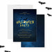 Elegant Halloween party invitation featuring a starry night sky, glowing full moon, and bats, custom-printed for spooky celebrations and fall gatherings.-front-back