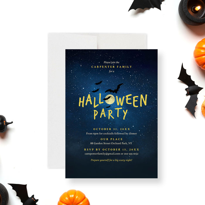 Elegant Halloween party invitation featuring a starry night sky, glowing full moon, and bats, custom-printed for spooky celebrations and fall gatherings.-front