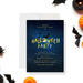 Elegant Halloween party invitation featuring a starry night sky, glowing full moon, and bats, custom-printed for spooky celebrations and fall gatherings.-front