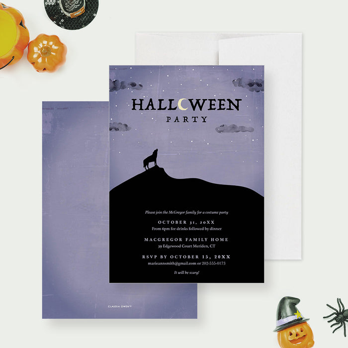 Halloween party invitation featuring a wolf silhouette and night sky