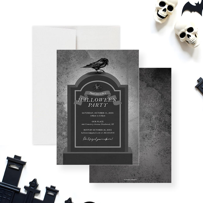 Halloween invitation with a gothic tombstone, black crow, and skull motif – elegant spooky party invite for October celebrations.-front-back