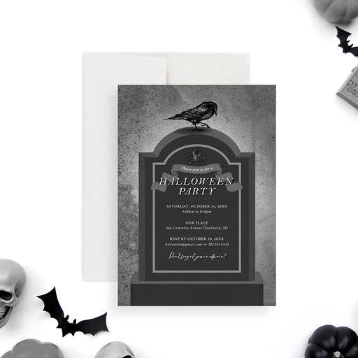 Halloween invitation with a gothic tombstone, black crow, and skull motif – elegant spooky party invite for October celebrations.-front