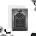 Halloween invitation with a gothic tombstone, black crow, and skull motif – elegant spooky party invite for October celebrations.-front