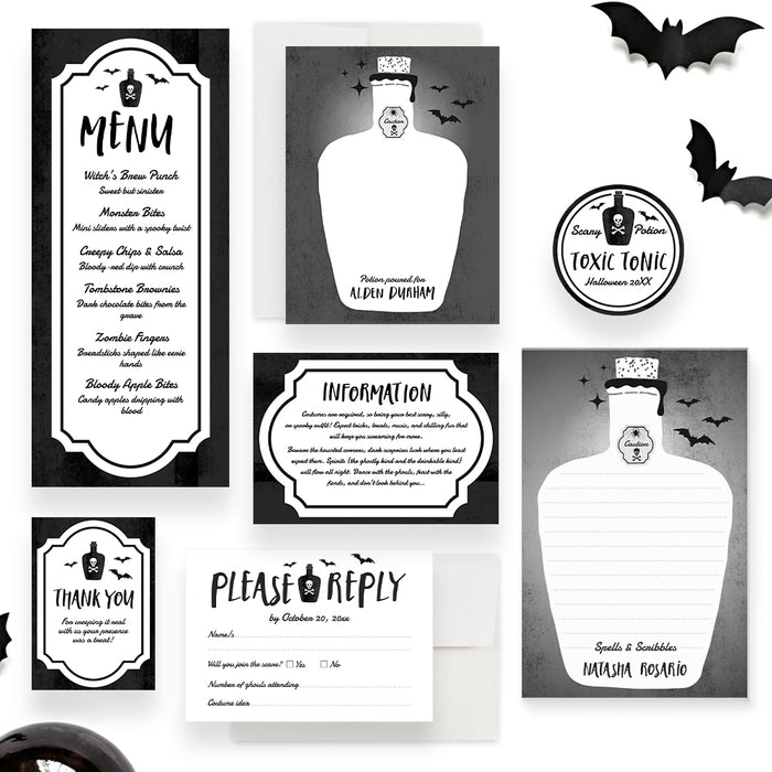 Halloween Party Invitation Potion Bottle Skull Design