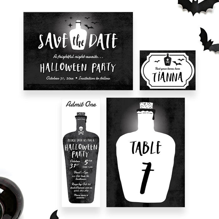 Halloween Party Invitation Potion Bottle Skull Design