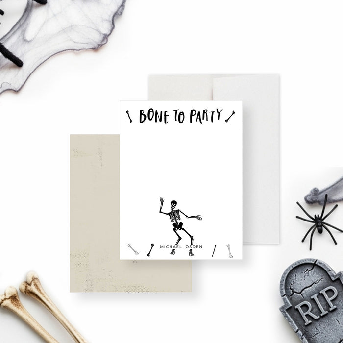 halloween note card with bone to party text and dancing skeleton design-front-back