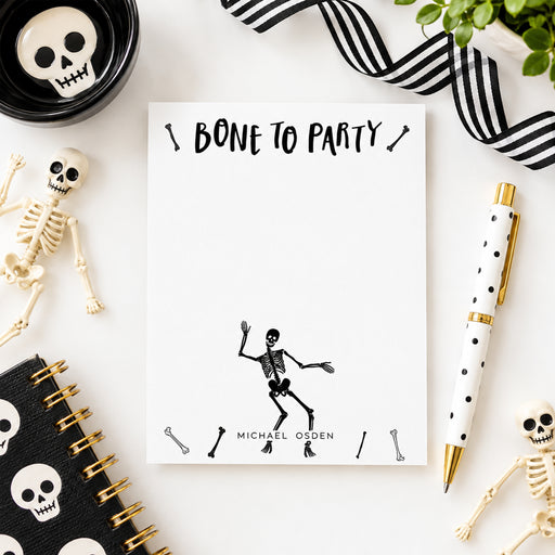 halloween note card with bone to party text and dancing skeleton design-front