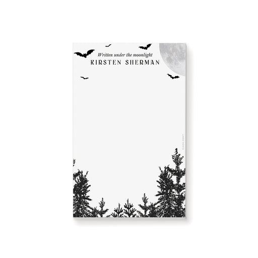 Personalized notepad with "Written under the moonlight" text, full moon and flying bats, and dark forest silhouette for notes, lists, and gifts 