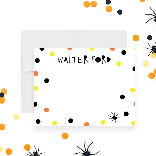 Halloween note card with orange, black, and yellow dots and a spider illustration, perfect for spooky season stationery.-front