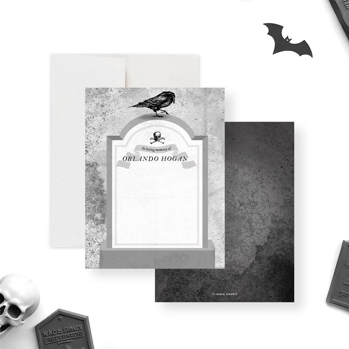 Halloween note card featuring a tombstone with a black crow and skull illustration, perfect for spooky gothic stationery gift.-front-back