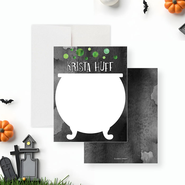 Halloween note card with a black cauldron and green potion bubbles, perfect as a witchy stationery party thank-you gift.-front-back