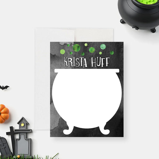 Halloween note card with a black cauldron and green potion bubbles, perfect as a witchy stationery party thank-you gift.-front