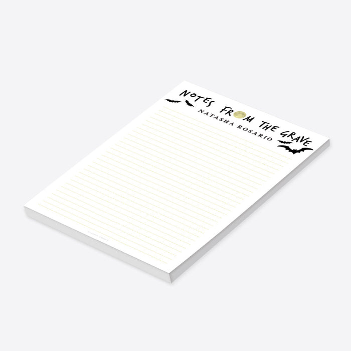 Halloween notepad with “Notes From the Grave,” bats, and a moon — spooky season stationery.-side