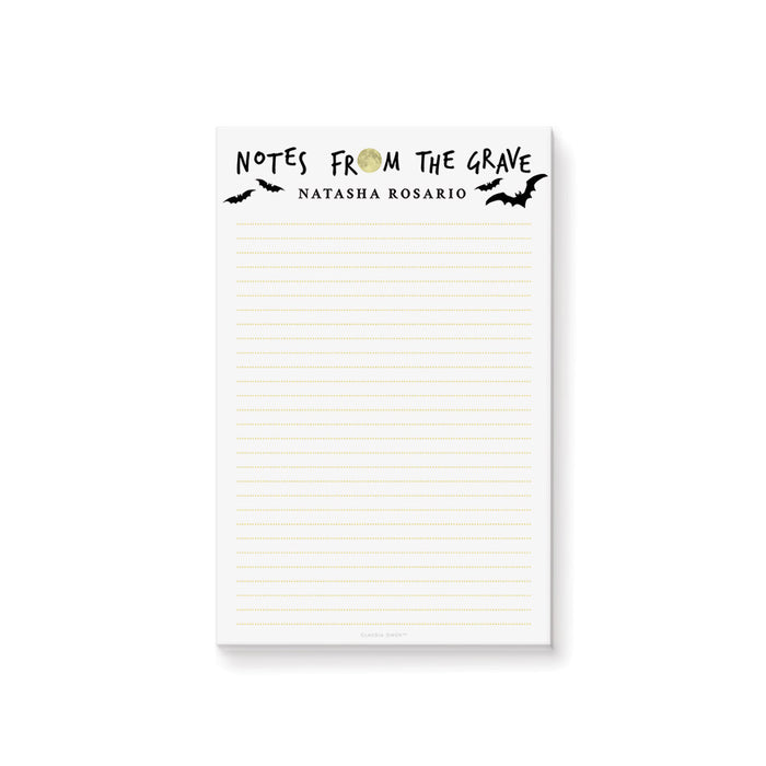 Halloween notepad with “Notes From the Grave,” bats, and a moon — spooky season stationery.