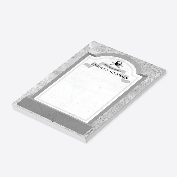 Personalized Halloween notepad with a tombstone, skull and crossbones, gothic stationery, or spooky gift.-side