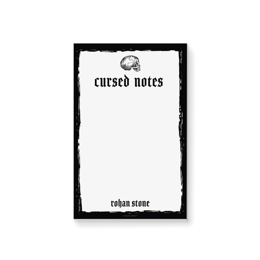 Personalized skull notepad with 'Cursed Notes' text, black border, and vintage gothic style—perfect for spooky journaling or Halloween gifts.
