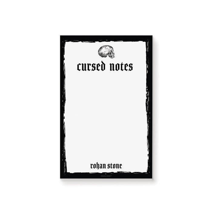 Personalized skull notepad with 'Cursed Notes' text, black border, and vintage gothic style—perfect for spooky journaling or Halloween gifts.