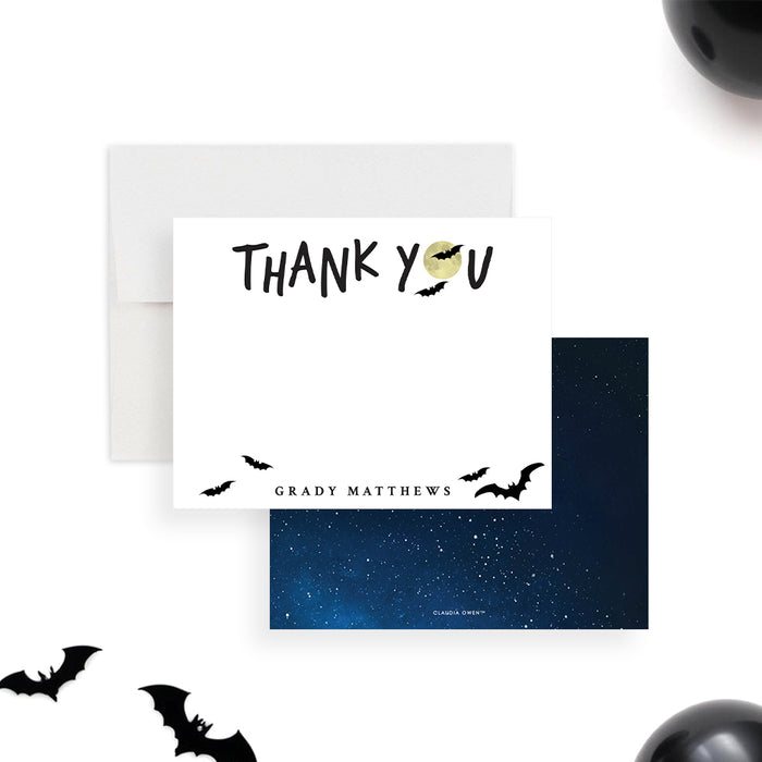 Halloween thank you card featuring flying bats and a full moon, perfect as a spooky season gift.-front-back