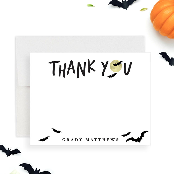 Halloween thank you card featuring flying bats and a full moon, perfect as a spooky season gift.-front