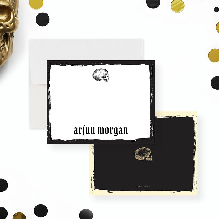 Personalized Gothic note card featuring a distressed black border and vintage skull illustration, perfect for spooky party favors.-front-back