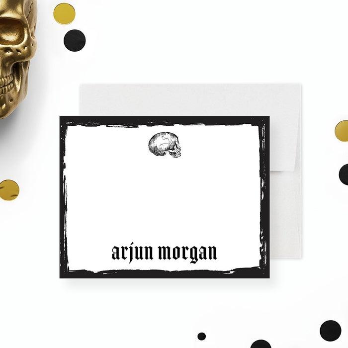 Personalized Gothic note card featuring a distressed black border and vintage skull illustration, perfect for spooky party favors.-front