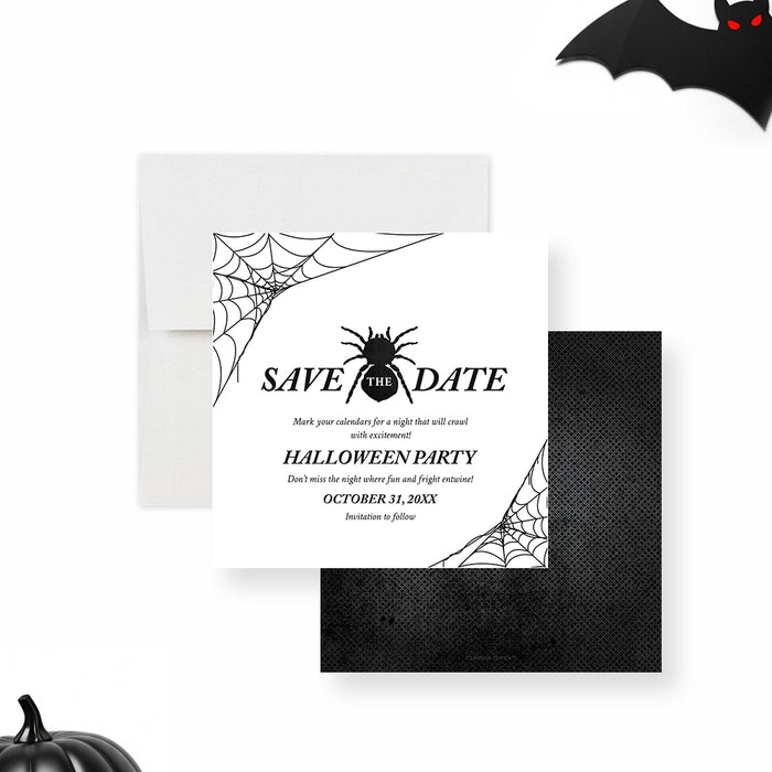 Halloween save the date card featuring a black spider and spider web design in a minimalist spooky style-front-back