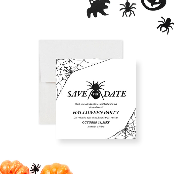 Halloween save the date card featuring a black spider and spider web design in a minimalist spooky style-front