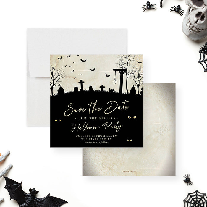 Halloween party save the date card with spooky graveyard silhouette, tombstones, bats, leafless trees, and personalized party details-front-back