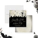 Halloween party save the date card with spooky graveyard silhouette, tombstones, bats, leafless trees, and personalized party details-front-back