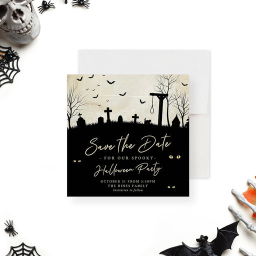 Halloween party save the date card with spooky graveyard silhouette, tombstones, bats, leafless trees, and personalized party details-front
