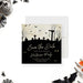 Halloween party save the date card with spooky graveyard silhouette, tombstones, bats, leafless trees, and personalized party details-front