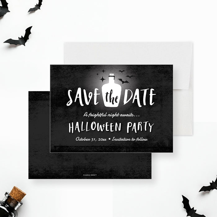 Spooky save the date card featuring a potion bottle and bats on an eerie background, perfect for reminding guests about a Halloween party.-front-back