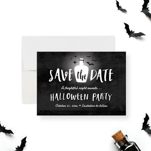Spooky save the date card featuring a potion bottle and bats on an eerie background, perfect for reminding guests about a Halloween party.-front