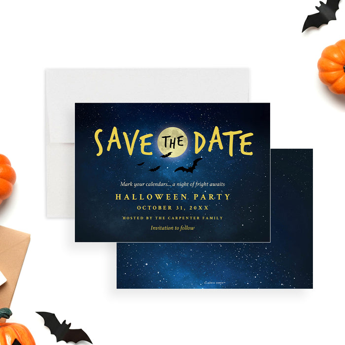 Halloween save the date card featuring a starry night sky, full moon, and flying bats illustrations.-front-back