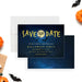 Halloween save the date card featuring a starry night sky, full moon, and flying bats illustrations.-front-back