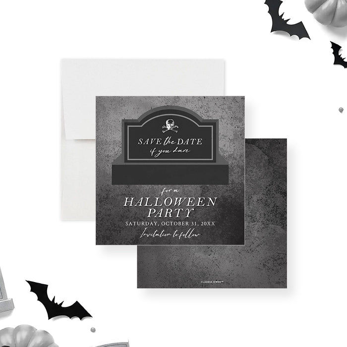 Halloween save the date card with an eerie tombstone and skull design – spooky gothic party reminder.-front-back