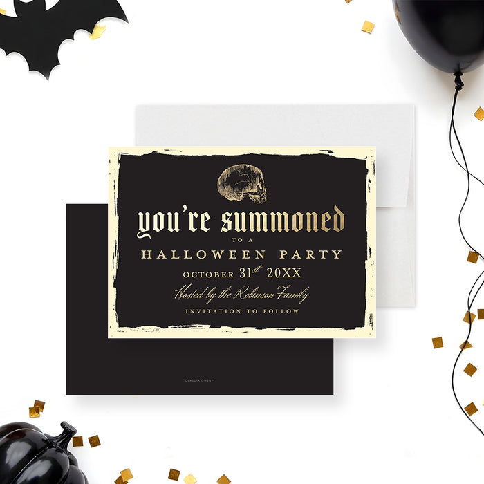 Vintage skull Halloween save the date invitation in gothic style-front-back