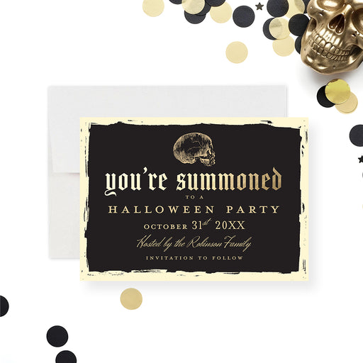 Vintage skull Halloween save the date invitation in gothic style-front