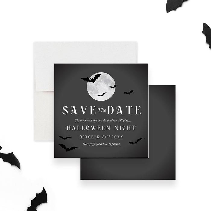 Halloween save the date card with a glowing full moon, flying bat silhouettes, and bold white text on a dark charcoal background-front-back