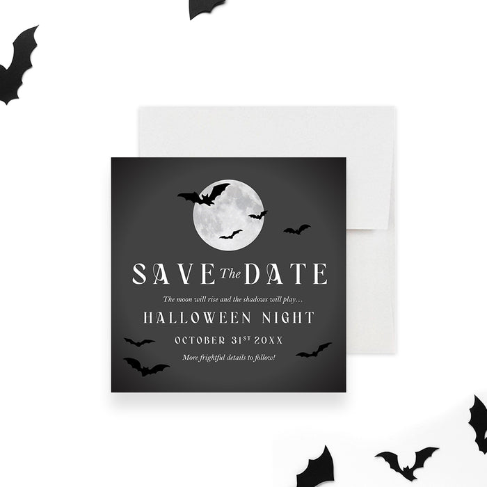 Halloween save the date card with a glowing full moon, flying bat silhouettes, and bold white text on a dark charcoal background-front