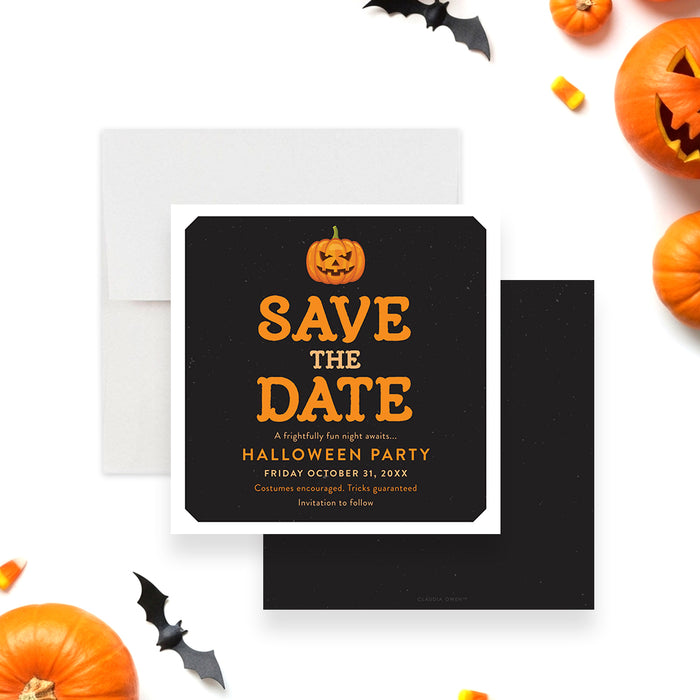 Black Halloween save the date card with an orange jack-o'-lantern illustration and bold orange text-front-back