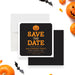 Black Halloween save the date card with an orange jack-o'-lantern illustration and bold orange text-front-back