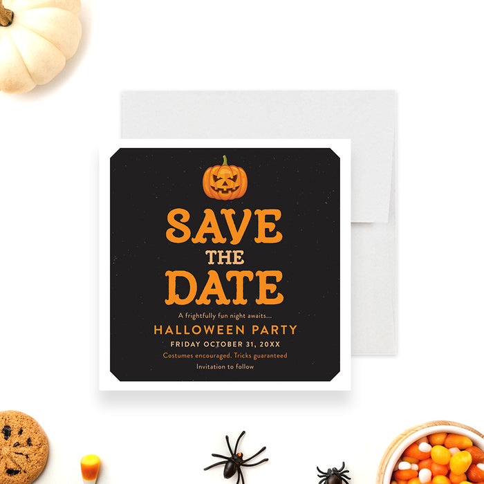 Black Halloween save the date card with an orange jack-o'-lantern illustration and bold orange text-front