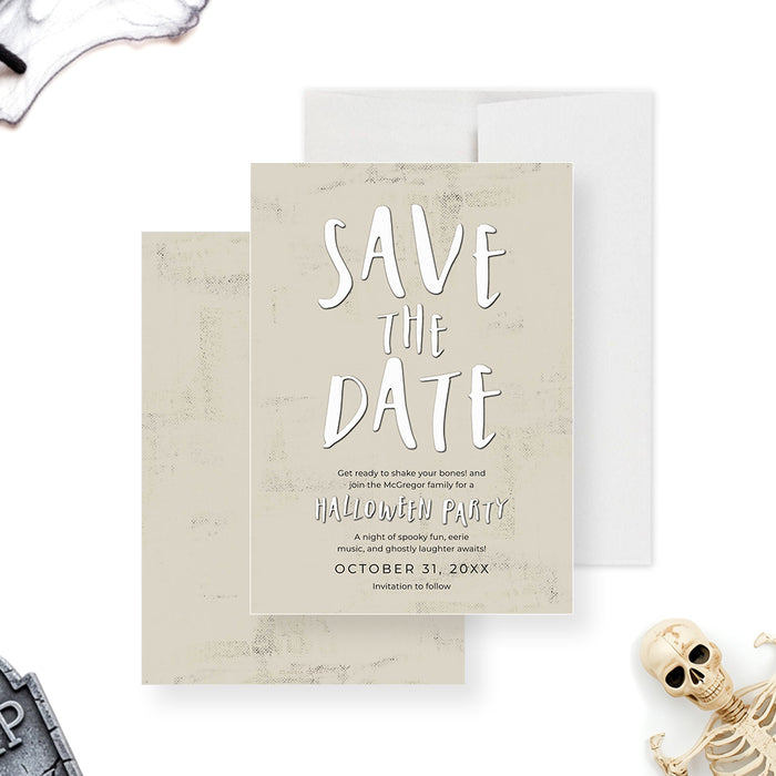 halloween save the date card funny skeleton party-front-back