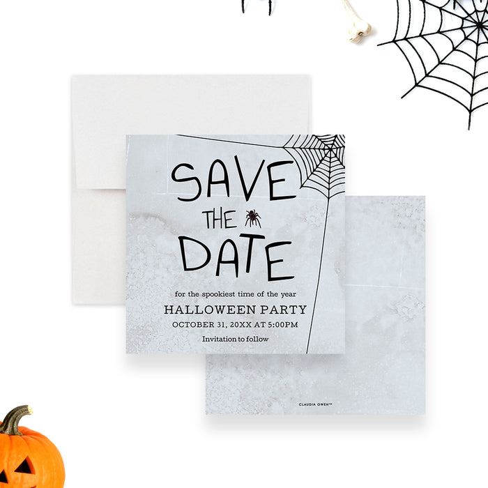 Halloween save the date card with spooky spider web design, gray textured background, and black spider illustrations-front-back
